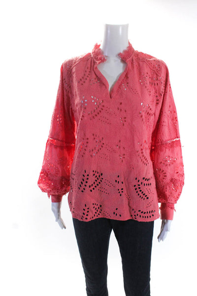 Kobi Halperin Womens Cotton Cut Out Long Sleeve Pullover Blouse Top Pink Size S