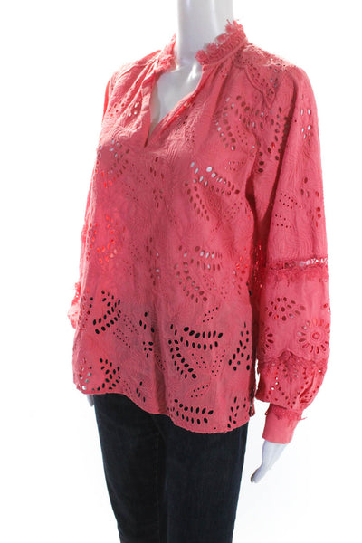 Kobi Halperin Womens Cotton Cut Out Long Sleeve Pullover Blouse Top Pink Size S