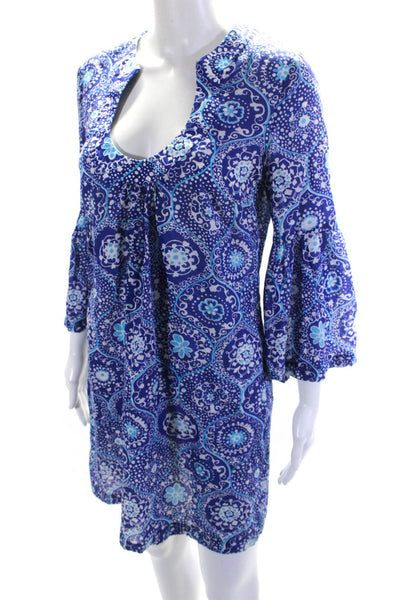 Trina Turk Womens 3/4 Sleeve V Neck Abstract Mini Dress Blue White Cotton Size 8