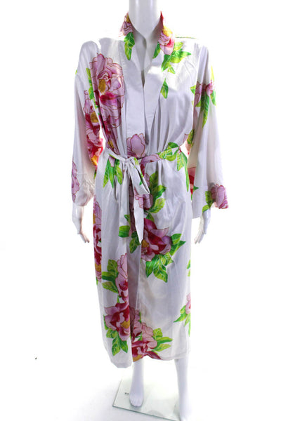 Natori Womens 3/4 Sleeve V Neck Floral Satin Robe White Pink Green Size Medium