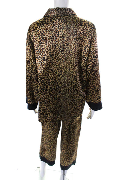 Natori Womens Long Sleeve Leopard Satin Pajama Shirt Pants Set Brown Size Medium