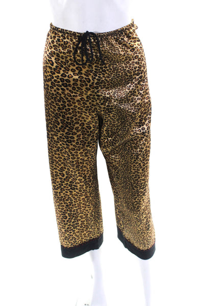 Natori Womens Long Sleeve Leopard Satin Pajama Shirt Pants Set Brown Size Medium