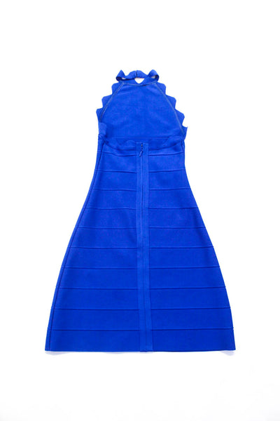 Herve Leger Womens Open Back Scalloped Halter Mini Stretch Dress Blue Size 2XS