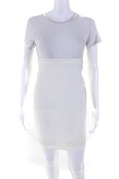 Herve Leger Womens Back Zip Knee Length Stretch Knit Pencil Skirt White Size XS