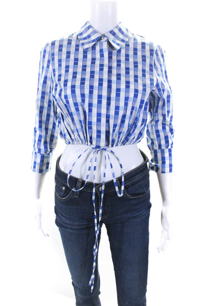 Alexis Womens Long Sleeve Check Drawstring Crop Shirt Blouse Blue White Size XS