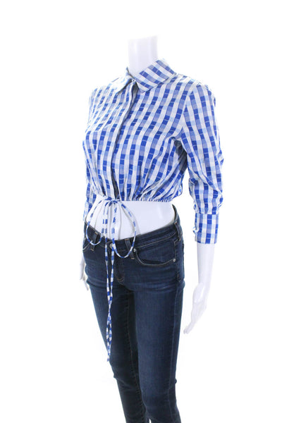 Alexis Womens Long Sleeve Check Drawstring Crop Shirt Blouse Blue White Size XS