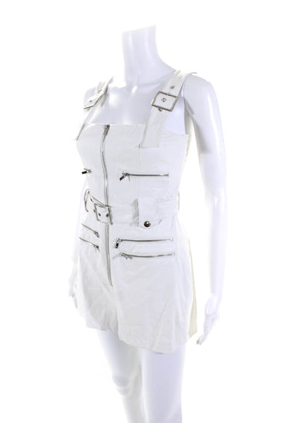 We Wore What Womens Square Neck Faux Leather Belted Romper White Size Small