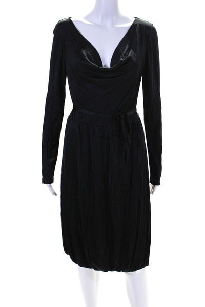 Calvin Klein Womens Long Sleeve Belted Cowl Neck Knee Length Dress Black Size 8