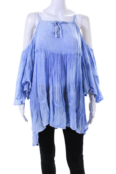 Sunday Women's Round Neck Cold Shoulder Tiered Tunic Blouse Blue Size M