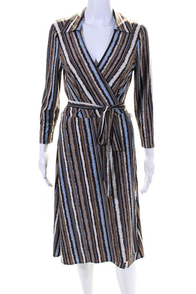 BCBGMAXAZRIA Womens Long Sleeve V Neck Striped Wrap Dress Brown Size M