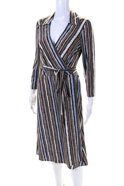 BCBGMAXAZRIA Womens Long Sleeve V Neck Striped Wrap Dress Brown Size M