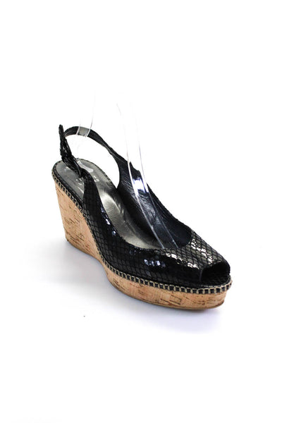 Stuart Weitzman Womens Snakeskin Print Peep Toe Slingback Wedges Black Size 10