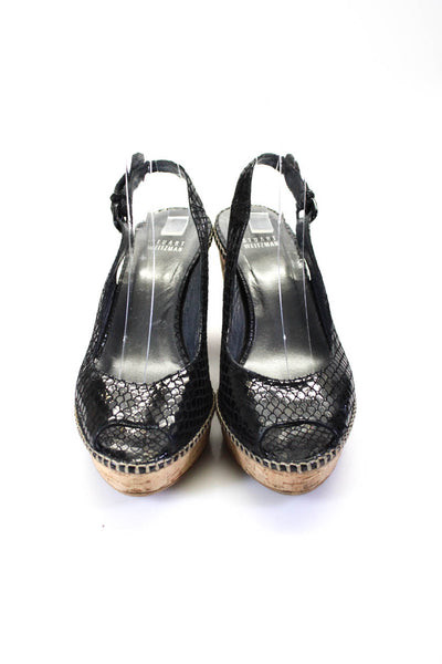 Stuart Weitzman Womens Snakeskin Print Peep Toe Slingback Wedges Black Size 10