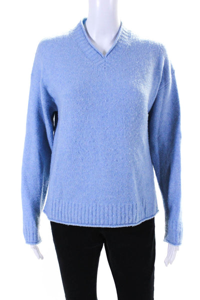 Theory Women's V-Neck Long Sleeves Pullover Sweater Light Blue Size P