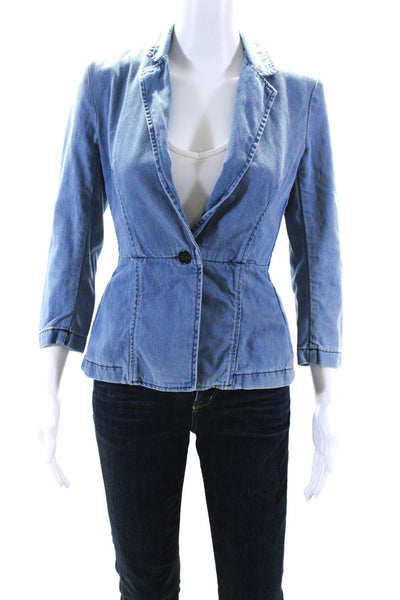 Theory Womens Cotton Denim Notch Collar Button Up Blazer Jacket Blue Size 2