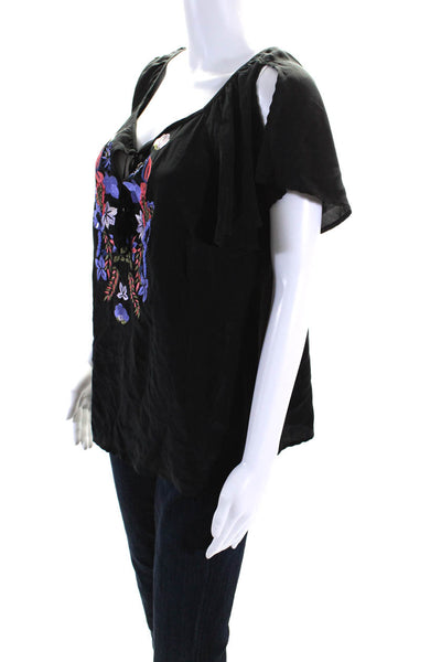 Nanette Lepore Womens Black Embroidered Floral Short Sleeve Blouse Top Size M