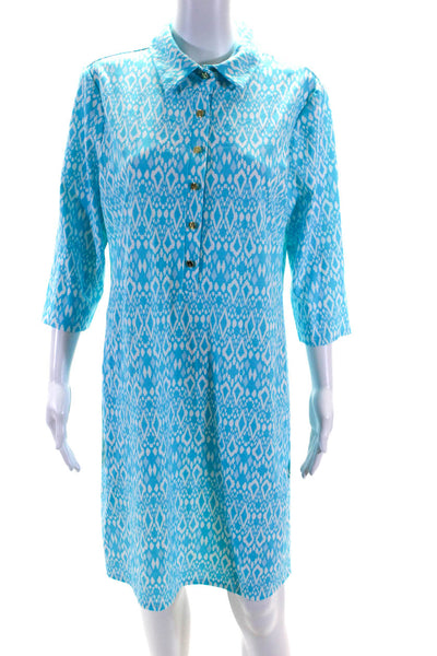 Jude Connally Womens Blue Printed Collar Henley Long Sleeve Shirt Dress Size XL