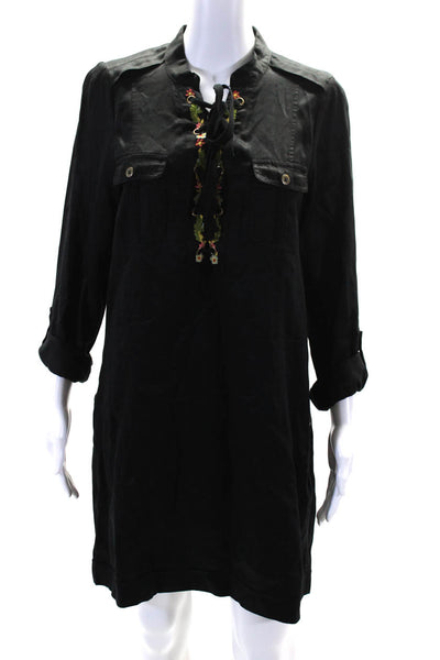 Holding Horses Womens Black Embroidered Lace Up Long Sleeve Shirt Dress Size 10