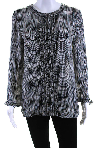 Brooks Brothers Womens Crepe Glen Plaid Ruffled Crew Neck Blouse Black Size 6