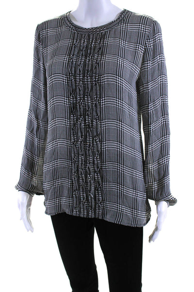 Brooks Brothers Womens Crepe Glen Plaid Ruffled Crew Neck Blouse Black Size 6