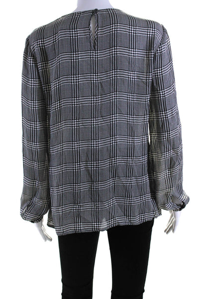 Brooks Brothers Womens Crepe Glen Plaid Ruffled Crew Neck Blouse Black Size 6