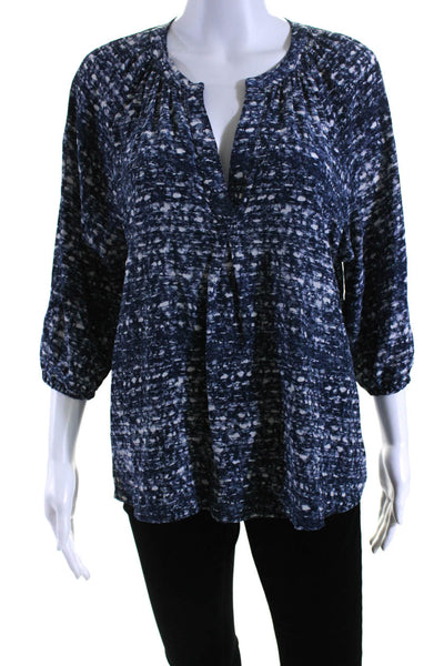 Joie Womens Silk Crepe Abstract Print V-Neck Long Sleeve Blouse Top Navy Size S