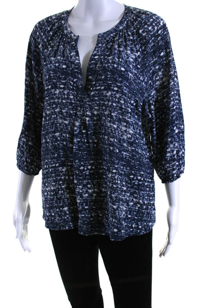 Joie Womens Silk Crepe Abstract Print V-Neck Long Sleeve Blouse Top Navy Size S