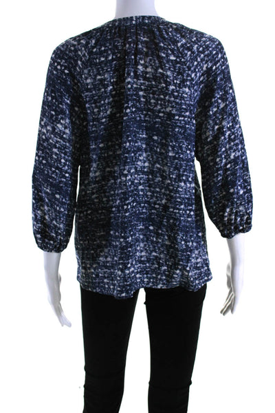 Joie Womens Silk Crepe Abstract Print V-Neck Long Sleeve Blouse Top Navy Size S