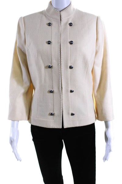 Tahari Womens Wool Tweed Hook Front V-Neck Jacket Blazer Cream Size 12