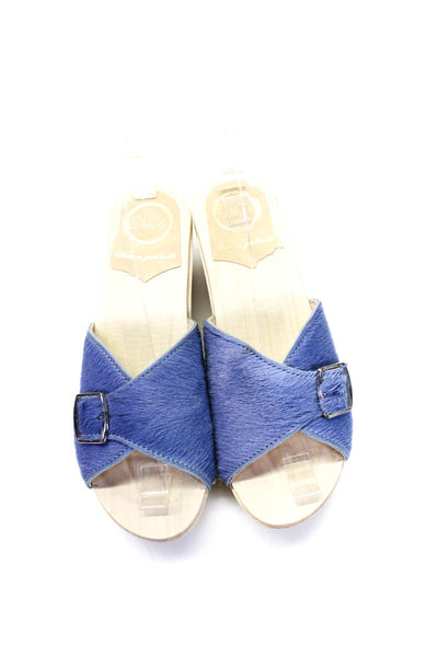 No. 6 Store Womens Ponyhair Peep Toe Buckle Slip On Sandals Blue Size 8