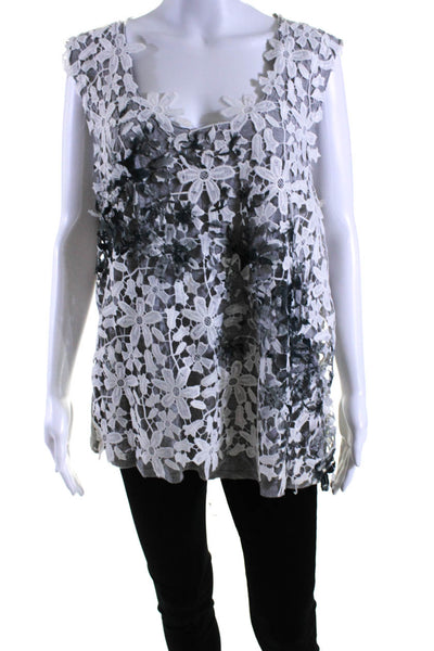 Elie Tahari Womens Floral Embroidered Sleeveless V-Neck Tank Light Gray Size XL