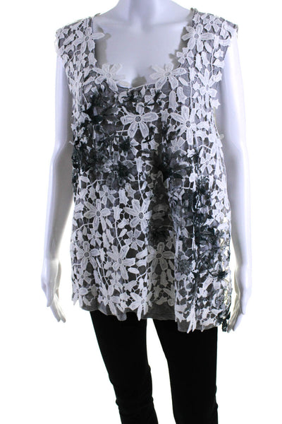 Elie Tahari Womens Floral Embroidered Sleeveless V-Neck Tank Light Gray Size XL