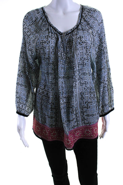 Joie Womens Cotton Abstract Print Long Sleeve V-Neck Tunic Blouse Blue Size L