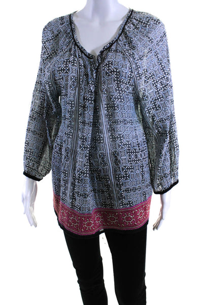 Joie Womens Cotton Abstract Print Long Sleeve V-Neck Tunic Blouse Blue Size L