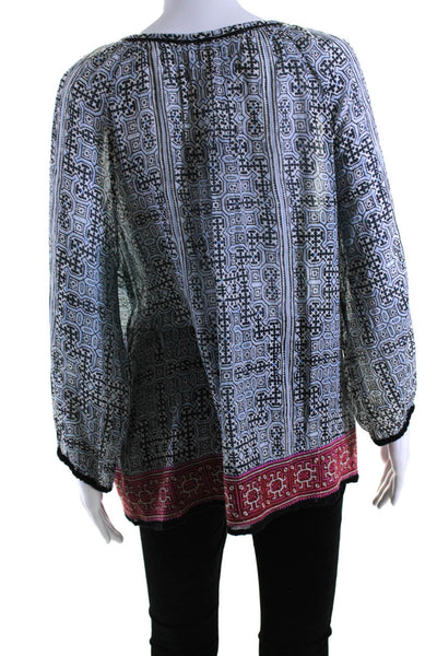 Joie Womens Cotton Abstract Print Long Sleeve V-Neck Tunic Blouse Blue Size L