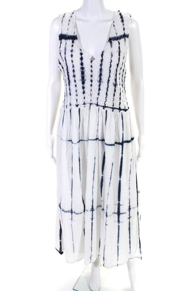 Ecru Womens Pucker Tie Dye V Neck Midi A Line Dress White Blue Size Large