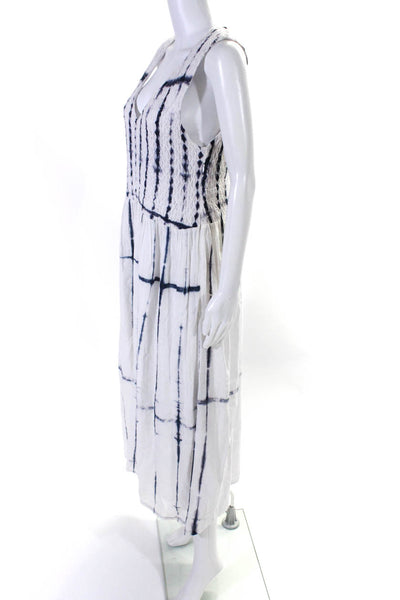 Ecru Womens Pucker Tie Dye V Neck Midi A Line Dress White Blue Size Large