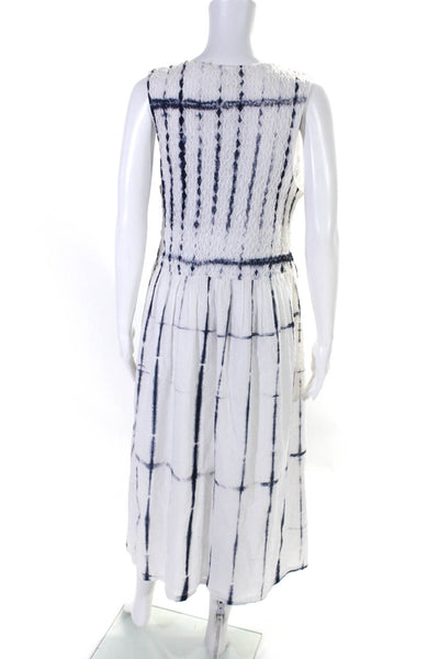 Ecru Womens Pucker Tie Dye V Neck Midi A Line Dress White Blue Size Large