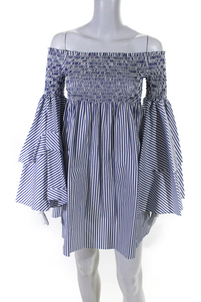 Caroline Constas Womens Bell Sleeve Smocked Mini A Line Dress Blue White Medium