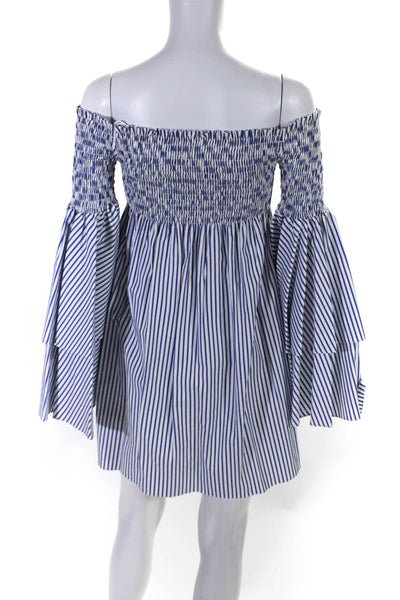 Caroline Constas Womens Bell Sleeve Smocked Mini A Line Dress Blue White Medium