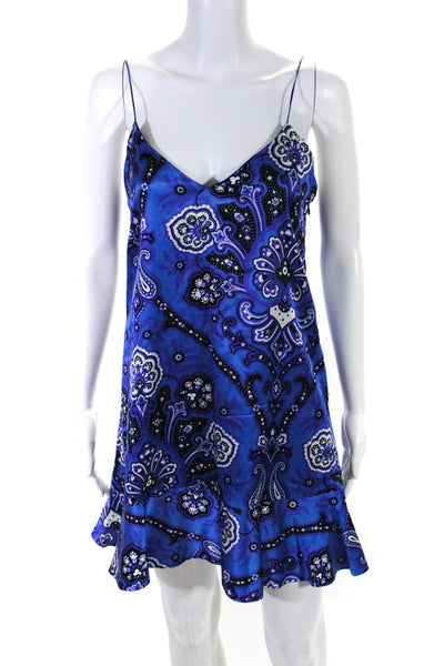 Caroline Constas Womens V Neck Paisley Satin Ruffle Hem Shift Dress Blue Small