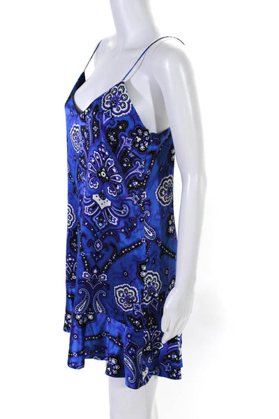 Caroline Constas Womens V Neck Paisley Satin Ruffle Hem Shift Dress Blue Small