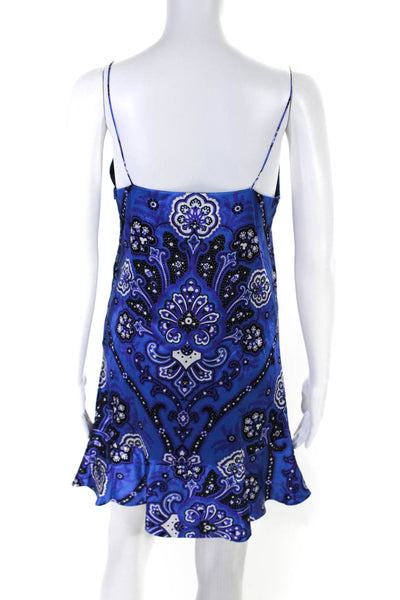 Caroline Constas Womens V Neck Paisley Satin Ruffle Hem Shift Dress Blue Small