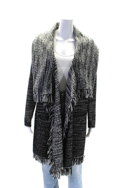 Vince Womens Wool Woven Frayed Open Front Long Sleeve Cardigan Black Size XS