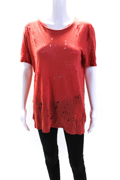 IRO Womens Linen Short Sleeve Distressed Crewneck T shirt Coral Size 1