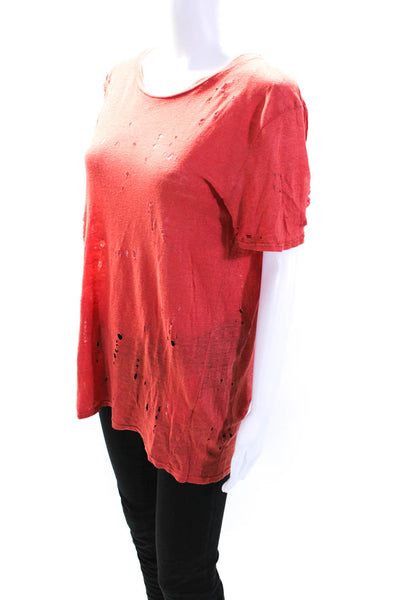 IRO Womens Linen Short Sleeve Distressed Crewneck T shirt Coral Size 1