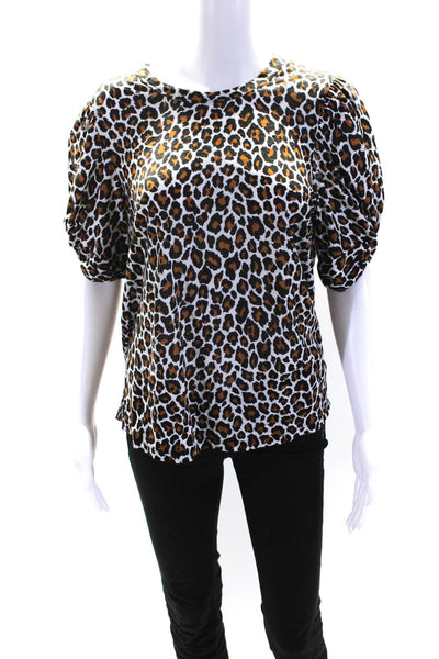 ALC Womens Cotton Short Sleeve Leopard Print T Shirt White Brown Size L