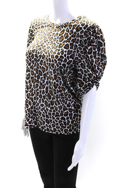 ALC Womens Cotton Short Sleeve Leopard Print T Shirt White Brown Size L