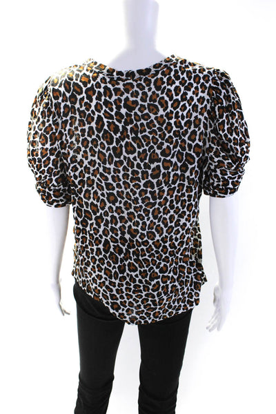 ALC Womens Cotton Short Sleeve Leopard Print T Shirt White Brown Size L