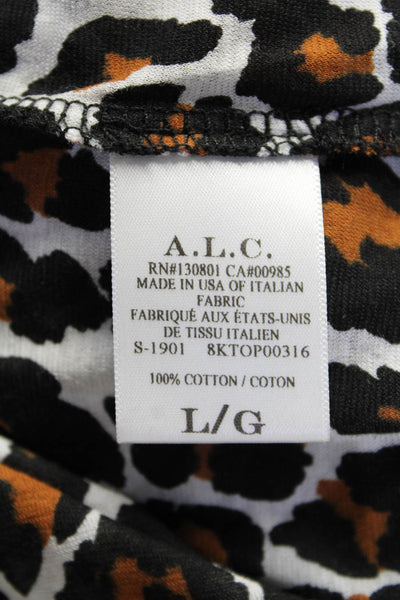 ALC Womens Cotton Short Sleeve Leopard Print T Shirt White Brown Size L